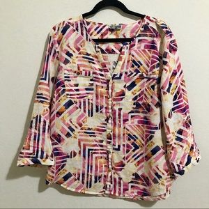 Linen printed button down blouse with gold buttons